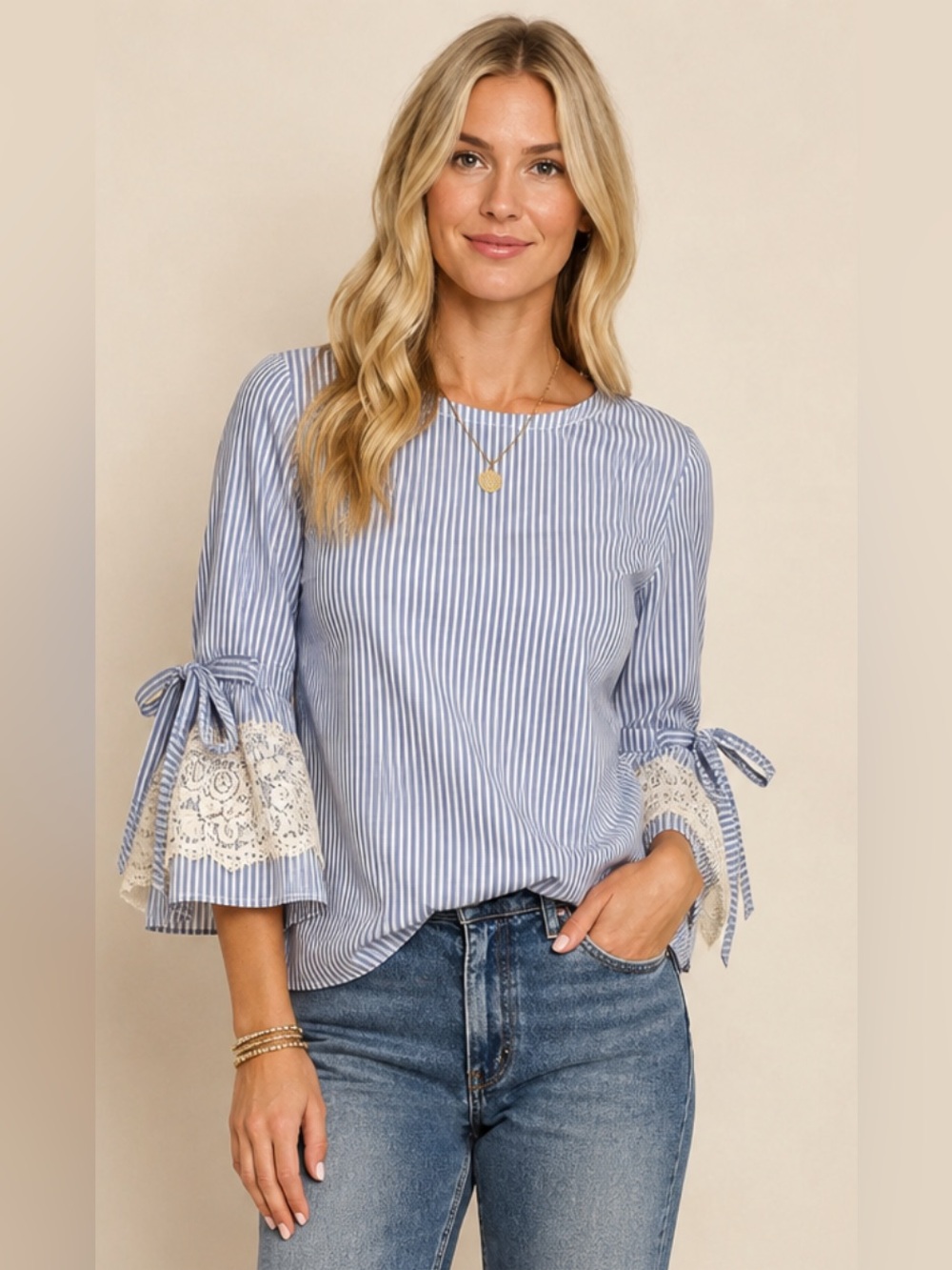 Worthington Light Blue Striped Lace Bell-Sleeve Blouse